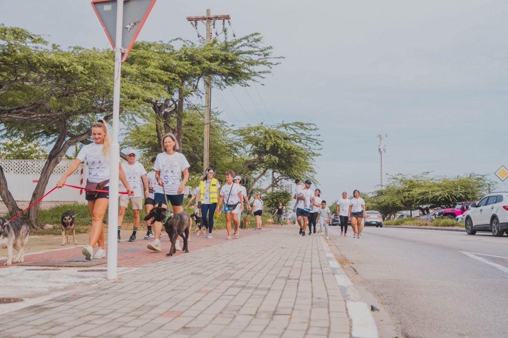 Walkers and their dogs on the sidewalk during the Animal Care Clinic Aruba Fun Walk
